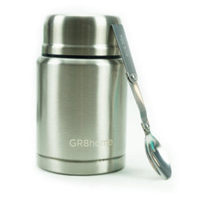 Gr8 Home Stainless Steel Food Flask 500ml Vacuum Insulated Thermal Soup Jar Spoon Silver