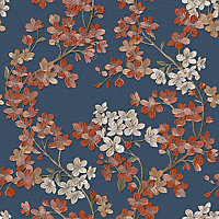 Grace Blossom Navy/Orange Wallpaper