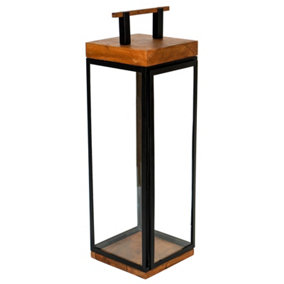 Grace Tall Lantern - Acacia Wood/Metal - L15 x W15 x H52 cm - Natural/Black