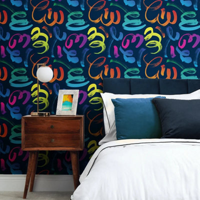 Graffito Wallpaper in Brights on Navy