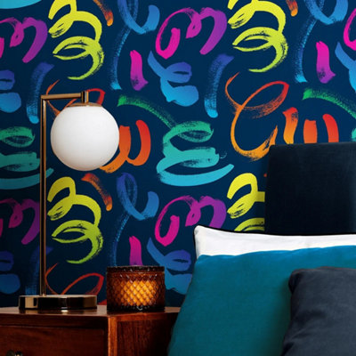 Graffito Wallpaper in Brights on Navy