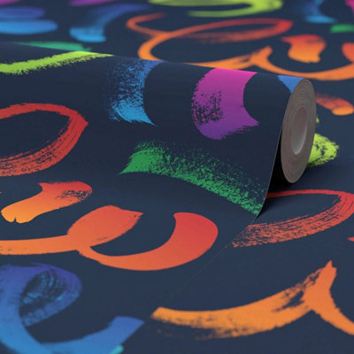 Graffito Wallpaper in Brights on Navy