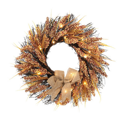 Grain Golden Wheat Ears Harvest Thanksgiving Wreath Front Door Decor with LED Light