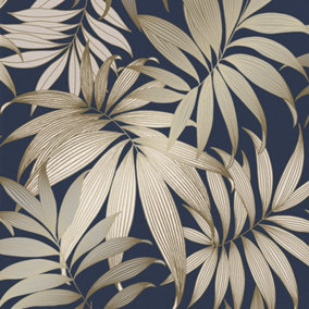 Grand Bahama Tropical Leaf Wallpaper In Navy