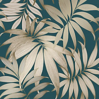 Grand Bahama Tropical Leaf Wallpaper In Teal And Gold