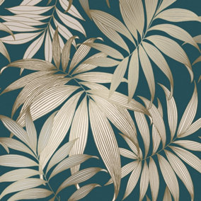 Grand Bahama Tropical Leaf wallpaper in teal & gold