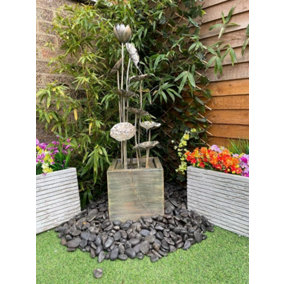 Grand Zinc Flower Modern Water Feature - Mains Powered - Metal - L27 x W27 x H100 cm
