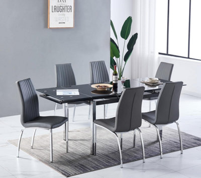 Grande 6-8 Seater Extending Dining Table And 6 Modalux Grey Faux ...