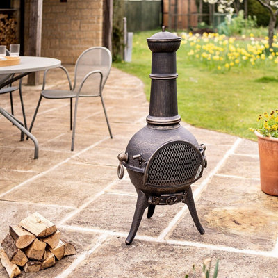Grande Clasico Chimenea - Weatherproof Bronze Effect Metal Outdoor Garden Patio Log Wood Burner Fire Pit Bowl - H112 x 50cm Dia