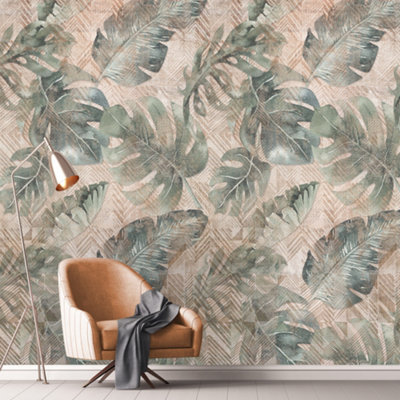 Grandeco Abstract Tropical Watercolour Monstera Leaf 3 lane repeatable Textured Mural, 2.8 x 1.59m, Green Blush