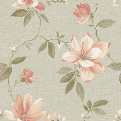 Grandeco Adeline Traditional Floral Trail Fabric Textured Wallpaper, Blush Sage Green