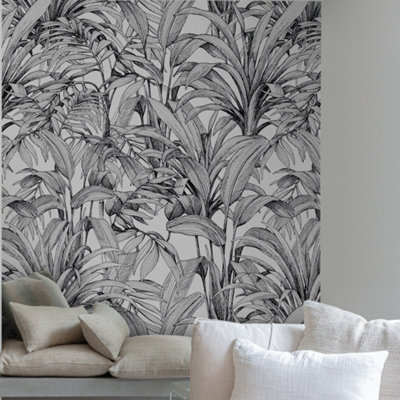 Grandeco Aliare Botanical Palm Jungle 3 panel repeatable Mural 1.59 x 2.8m, White
