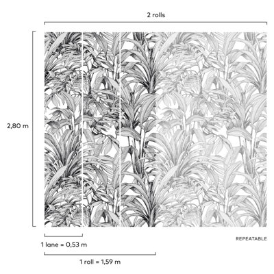 Grandeco Aliare Botanical Palm Jungle 3 panel repeatable Mural 1.59 x 2.8m, White