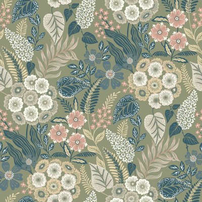 Grandeco Alice Retro Mid Century Floral Textured Wallpaper, Blue Green