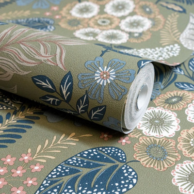 Grandeco Alice Retro Mid Century Floral Textured Wallpaper, Blue Green
