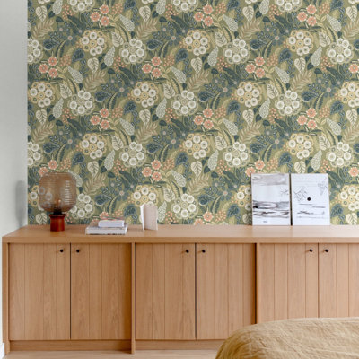 Grandeco Alice Retro Mid Century Floral Textured Wallpaper, Blue Green