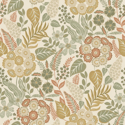 Grandeco Alice Retro Mid Century Floral Textured Wallpaper, Green Orange
