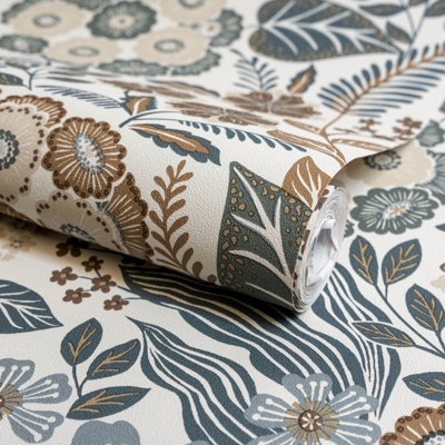 Grandeco Alice Retro Mid Century Floral Textured Wallpaper, Neutral