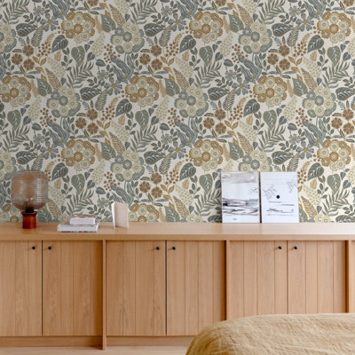 Grandeco Alice Retro Mid Century Floral Textured Wallpaper, Neutral