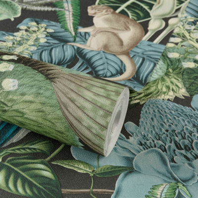 Grandeco Amazon Botanical Wildlife Jungle Textured Wallpaper, Green Blue Teal