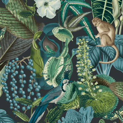 Grandeco Amazon Botanical Wildlife Jungle Textured Wallpaper, Green Blue Teal