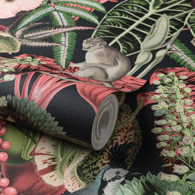 Grandeco Amazon  Botanical Wildlife Jungle Textured Wallpaper, Green Pink