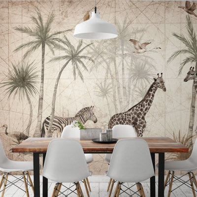 Grandeco Animal Jungle Giraffe and Zebra 7 panel Mural 3.71 x 2.8m, Beige