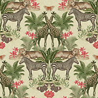 Grandeco Animal Kingdom Jungle Smooth Wallpaper, Neutral Green