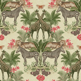Grandeco Animal Kingdom Jungle Smooth Wallpaper, Neutral Green
