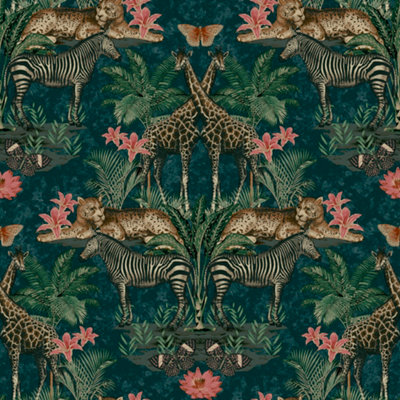Grandeco Animal Kingdom Jungle Smooth Wallpaper, Teal