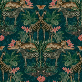 Grandeco Animal Kingdom Jungle Smooth Wallpaper, Teal