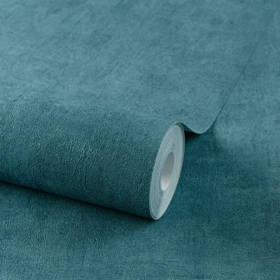 Grandeco Annabella Distressed Limewash Plaster Textured Wallpaper, Teal Blue