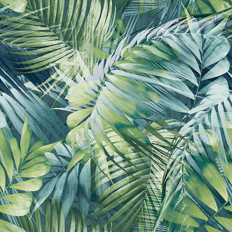 Grandeco Antigua Palm Teal & Green Palm Leaf Wallpaper | DIY at B&Q