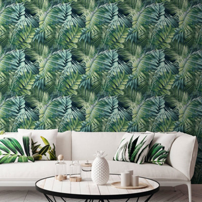 Grandeco Antigua Palm Teal & Green Palm Leaf Wallpaper