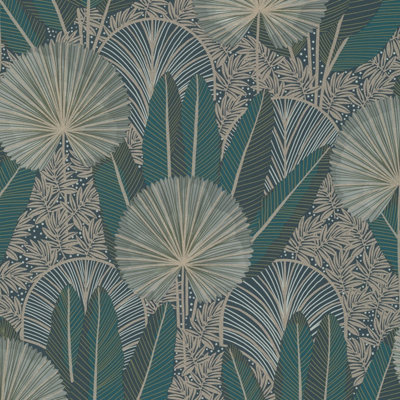 Grandeco Aperia Oriental Jungle Leaf Textured Wallpaper, Green