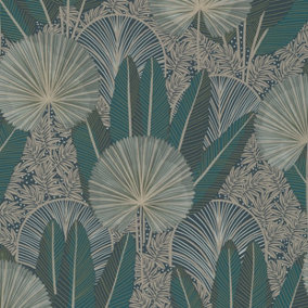 Grandeco Aperia Oriental Jungle Leaf Textured Wallpaper, Green