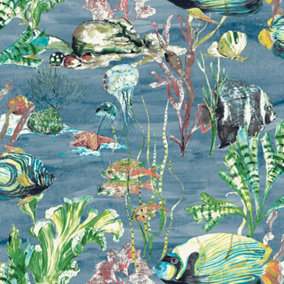 Grandeco Aquarium Underwater Fish Tank Blue Smooth Wallpaper