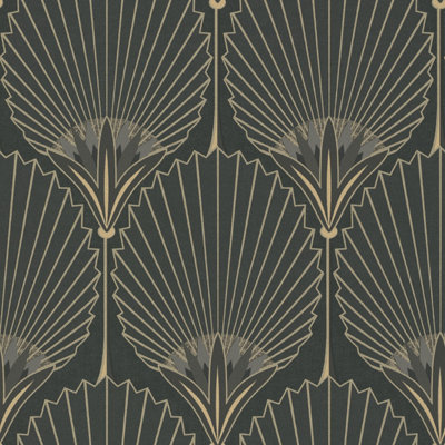 Grandeco Art Deco Nile Palm Textured Wallpaper, Black Gold