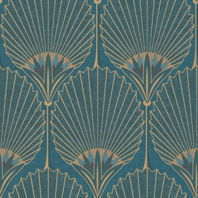 Grandeco Art Deco Nile Palm Textured Wallpaper, Blue Gold