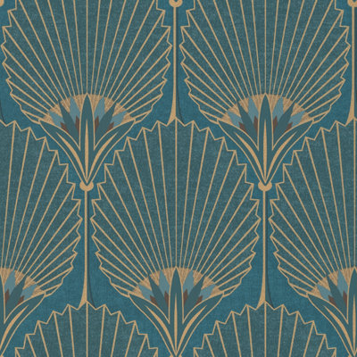 Grandeco Art Deco Nile Palm Textured Wallpaper, Blue Gold