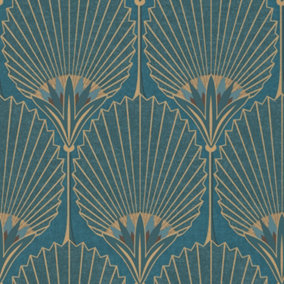 Grandeco Art Deco Nile Palm Textured Wallpaper, Blue Gold