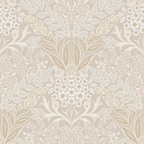 Grandeco Arts Floral Beige Wallpaper Flowers Leaves Textured Paste The Wall