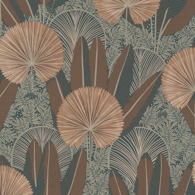 Grandeco Asperia Oriental Jungle Leaf Textured Wallpaper, Neutral Terracotta