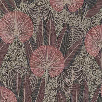 Grandeco Asperia Oriental Jungle Leaf Textured Wallpaper, Red Pink