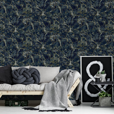Grandeco Astoria Liquid Marble Textured Wallpaper, Navy
