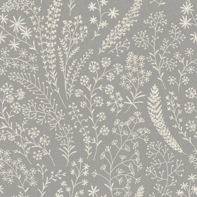 Grandeco Astrid Embroidery Stitch Foliage Trail Wallpaper, Grey