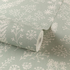 Grandeco Astrid Embroidery Stitch Foliage Trail Wallpaper, Sage Green