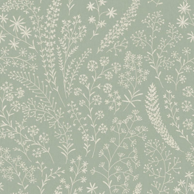 Grandeco Astrid Embroidery Stitch Foliage Trail Wallpaper, Sage Green