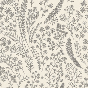 Grandeco Astrid Embroidery Stitch Foliage Trail Wallpaper, White