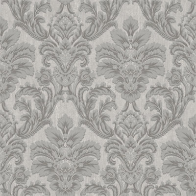 Grandeco Atessa Luxury Embossed Damask Silver Wallpaper